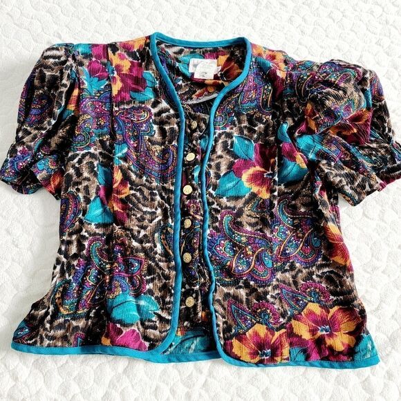 Vintage 1970s blouse button paisley floral leopard print 6 8 - Picture 3 of 11